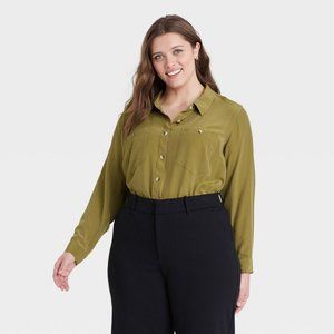 Women's Plus Size Long Sleeve Button-Down Shirt - Ava & Viv | Olive | NWT